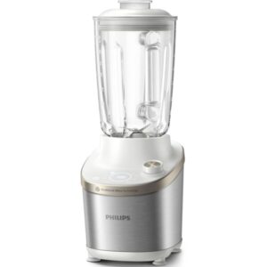Blender de mare viteza Philips HR3760/01, 1500 W, vas de sticla capacitate 2 l, corp din metal alb, 4 lame zimțate, setari de viteza variabila, presetare si funcție impuls,...