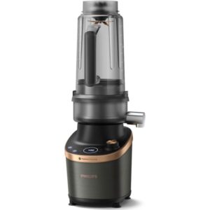 Blender Philips de mare viteza cu functie de stoarcere, tehnologie DUAL CHEF 1500 W, pahar de tritan de 2 l, corp din metal negru, 4 lame zimtate, setari de viteza variabila,...