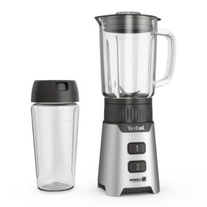 Blender Tefal Minimix BL16GE30, 400W, 2 trepte de viteza, recipient din sticla termorezistent 0.7 L, recipient portabil 0.6 L, lame detasabile Powelix, argintiu