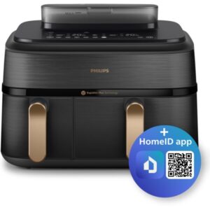 Friteuza dubla cu aer cald si abur Philips Airfryer Seria 5000 NA552/00, 2 cosuri de gatit, capacitate 9L, afisaj digital, ecran tactil, 12 programe presetate, tehnologie...