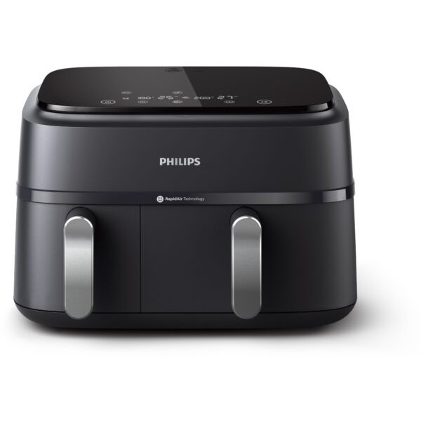 Friteuza dubla fara ulei Philips Airfryer Seria 3000 NA351/00, tehnologia Rapid Air, 2 recipiente de 2 dimensiuni, afisaj digital, 8 presetari, capacitate 9 litri, cronometru,...