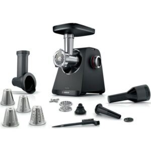 Masina de tocat carne Bosch MFWS440B, 1900 W, 2,5kg/min, cutit cu 2 taisuri, accesoriu inclus pentru carnati / umplut legume si kebbe,negru