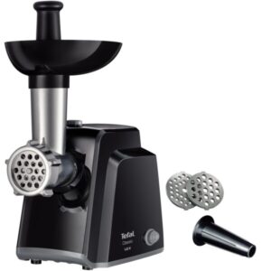 Masina de tocat carne Tefal Classic NE105838, 1400 W, 1.7 kg/min, Functie Reverse, 2 Site de tocat, Cutit cu functie de maruntire, Accesoriu pentru carnati, Negru
