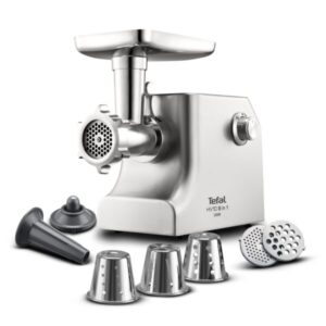Masina de tocat carne Tefal HV10 NE858D38, 2200 W, 5.5 kg/min, 8 in 1, Functie Reverse, 3 grile inox, Argintiu